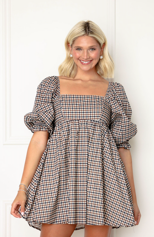 Brown/Navy Plaid Babydoll Dress