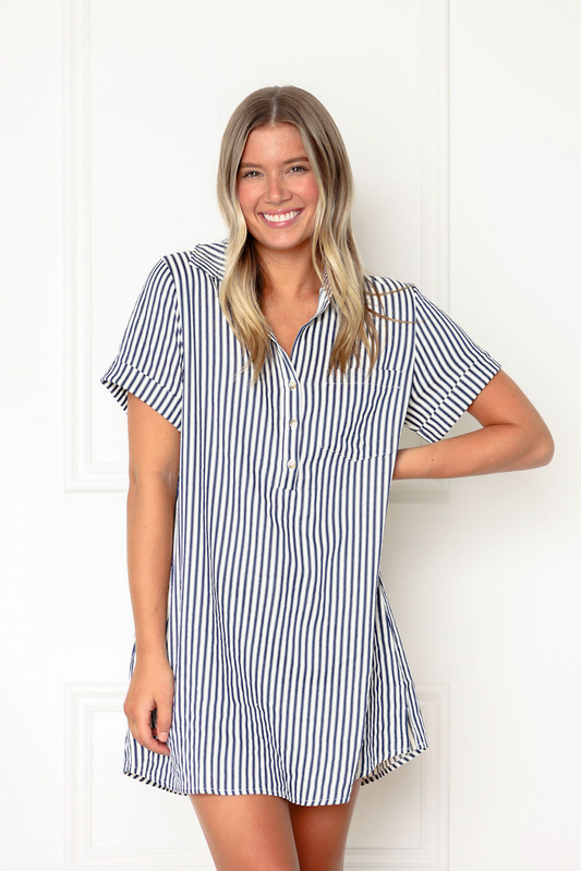 Stripe Collared Shirt Dress Navy