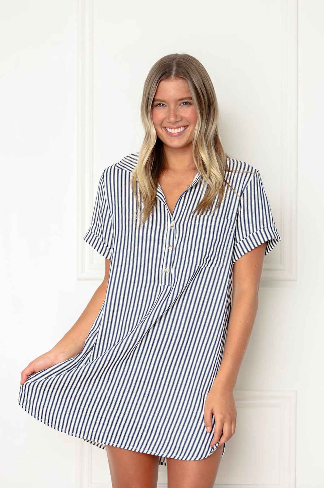 Stripe Collared Shirt Dress Navy