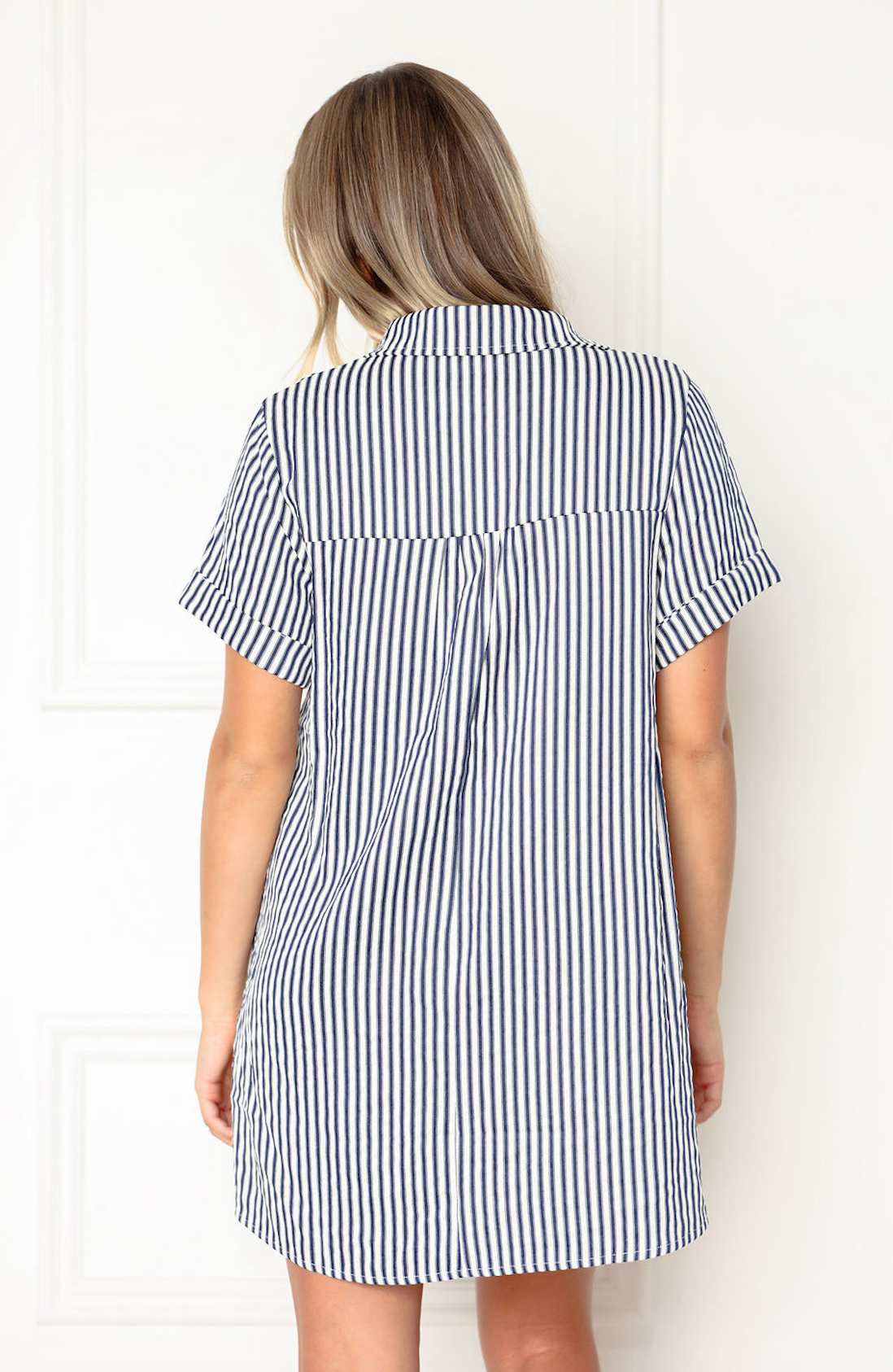 Stripe Collared Shirt Dress Navy