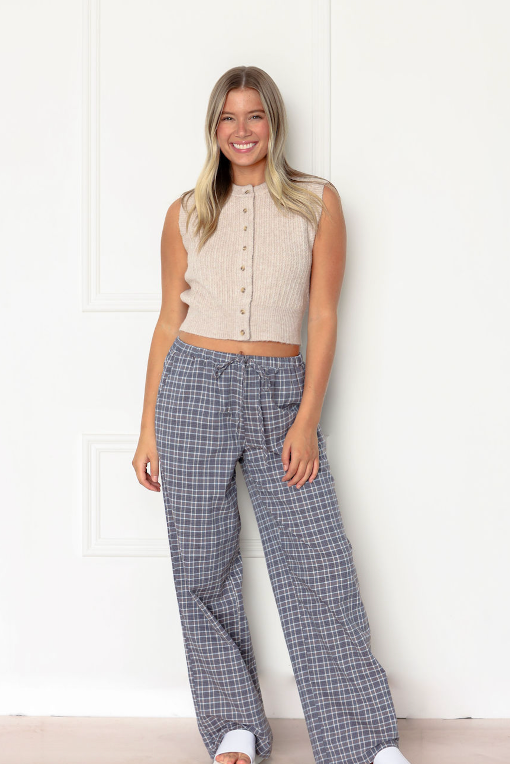 Navy Grid Pattern Plaid Pants