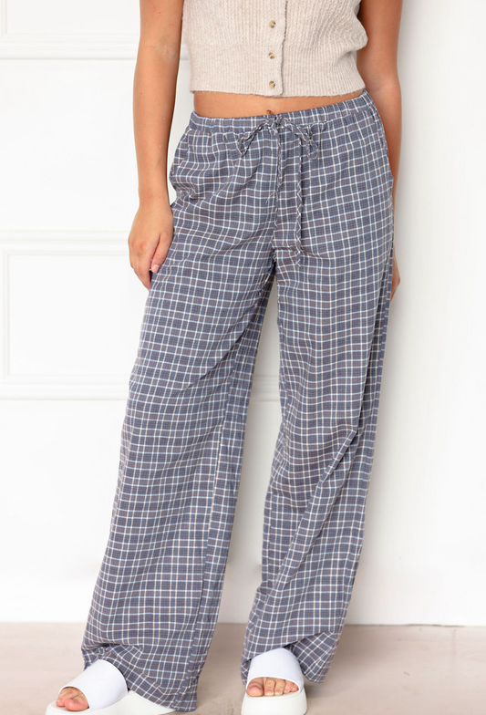 Navy Grid Pattern Plaid Pants