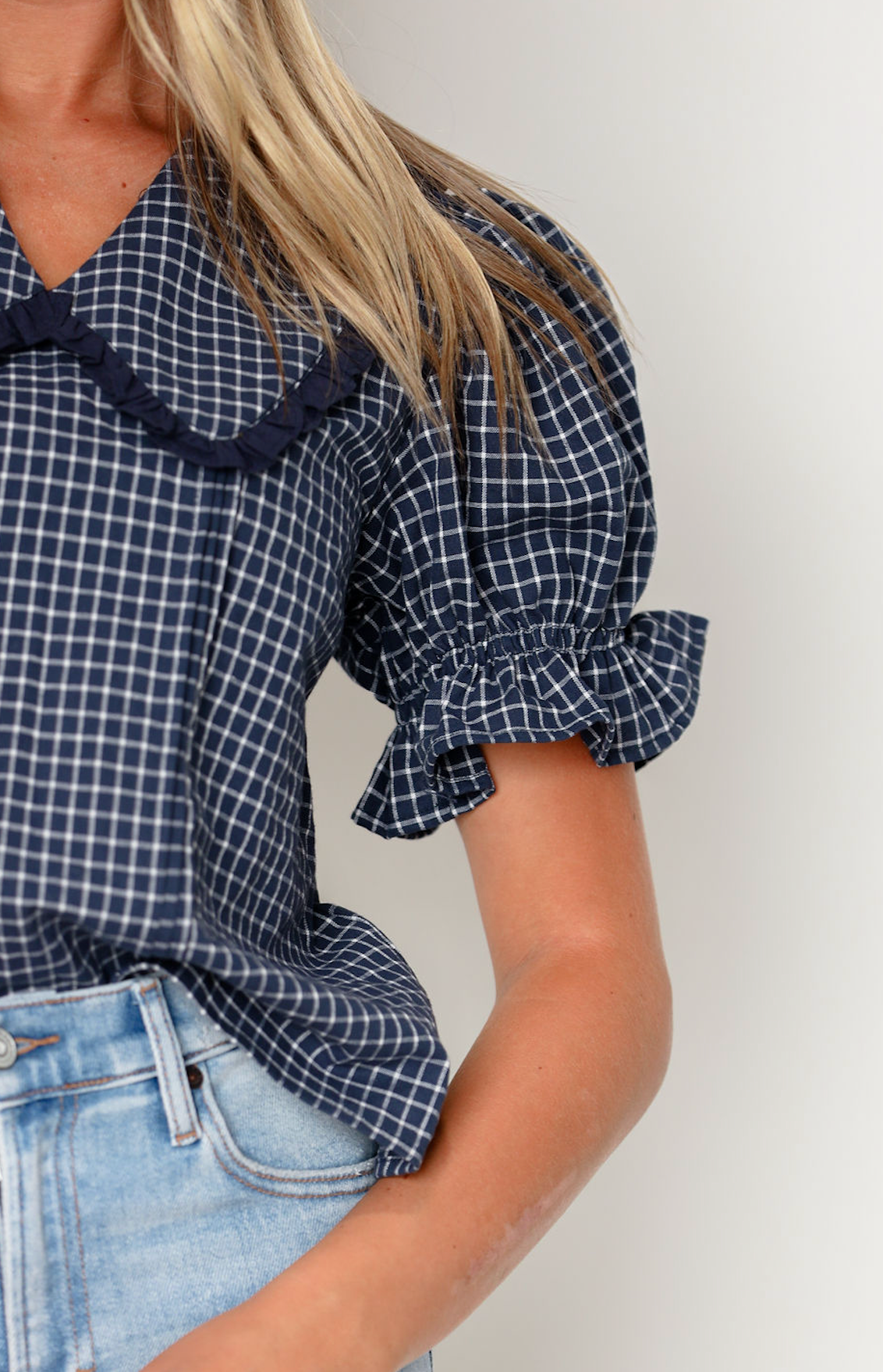 Navy Collared Checker Top