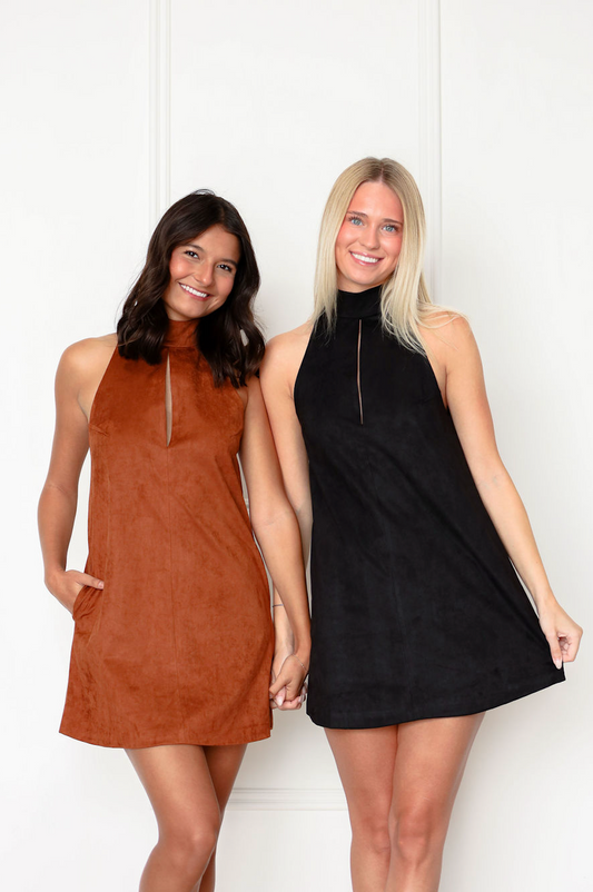 High Neck Suede Dress Black