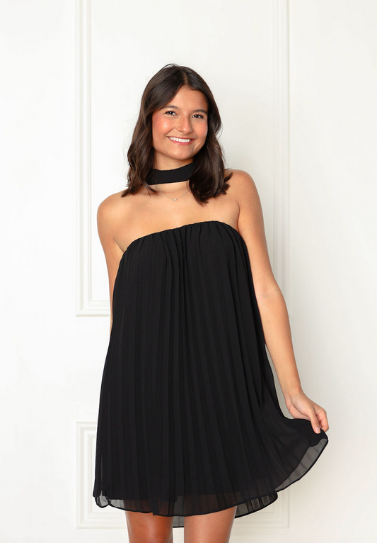 Pleated Mini Dress w/ Neck Tie