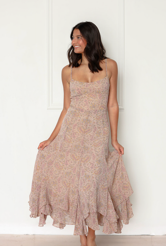 Brown Paisley High-Lo Midi Dress