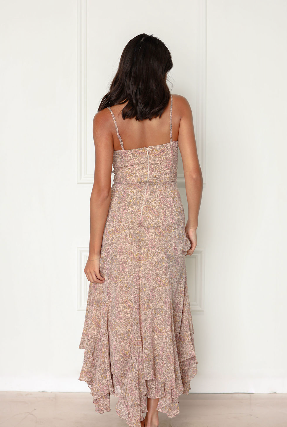 Brown Paisley High-Lo Midi Dress