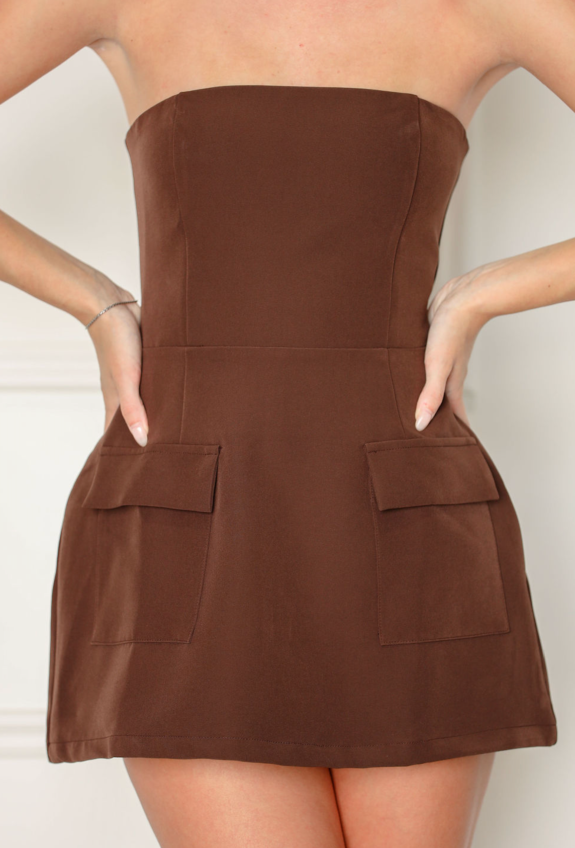Front Pocket Strapless Dress Coffee