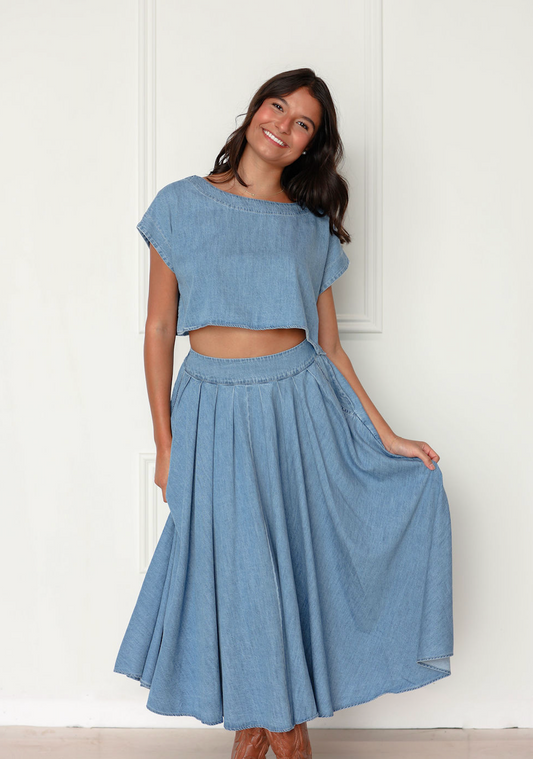 Denim Top & Midi Skirt Set Of 2