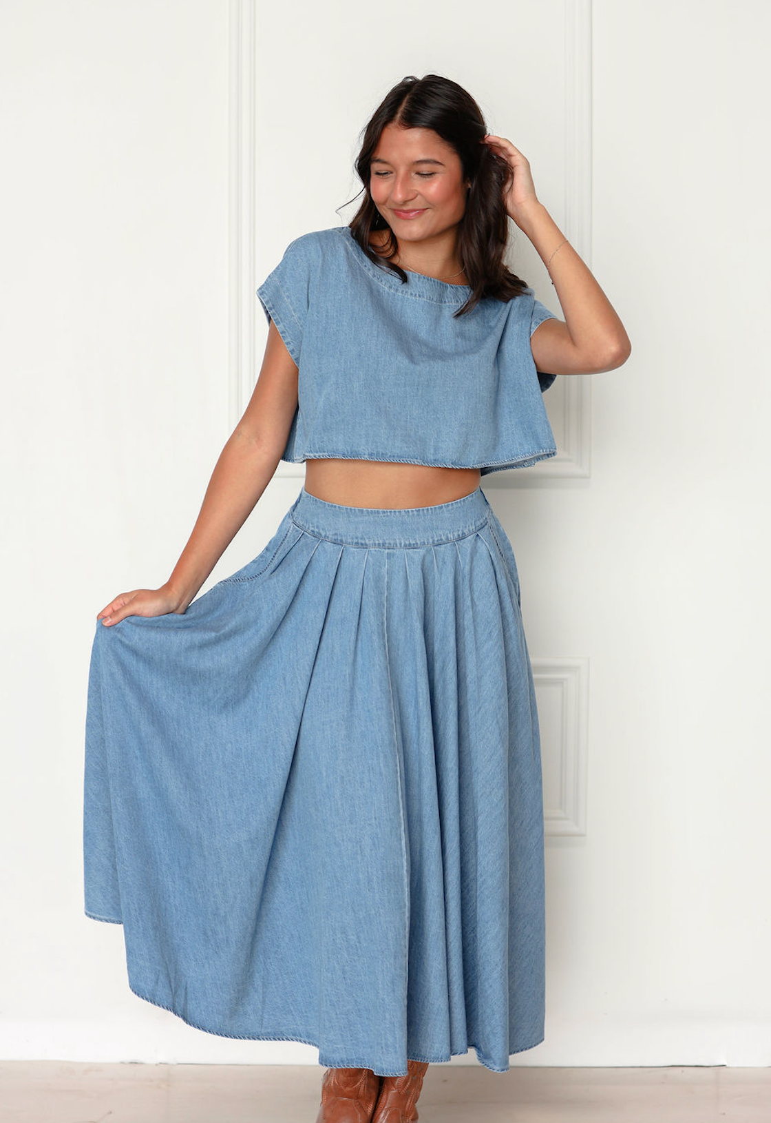 Denim Top & Midi Skirt Set Of 2