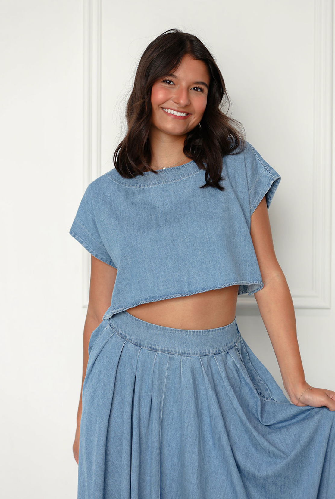 Denim Top & Midi Skirt Set Of 2