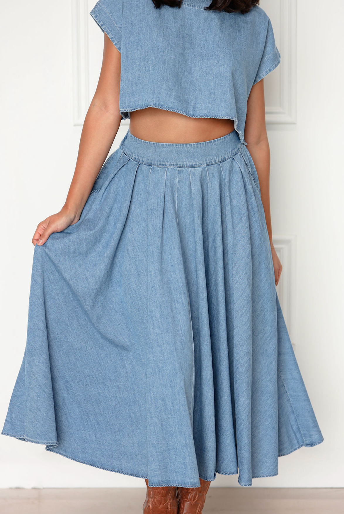 Denim Top & Midi Skirt Set Of 2