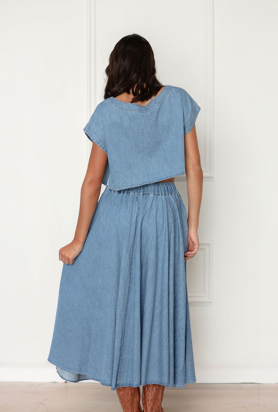 Denim Top & Midi Skirt Set Of 2
