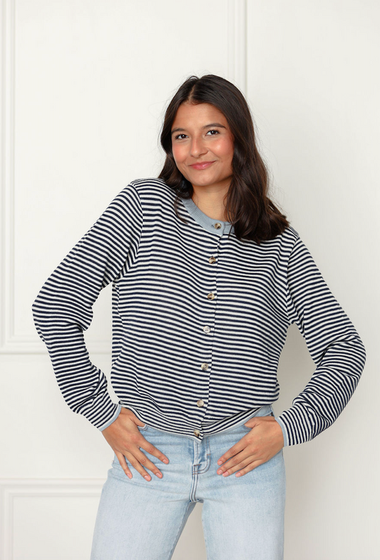 Striped Cardigan with Solid Collar