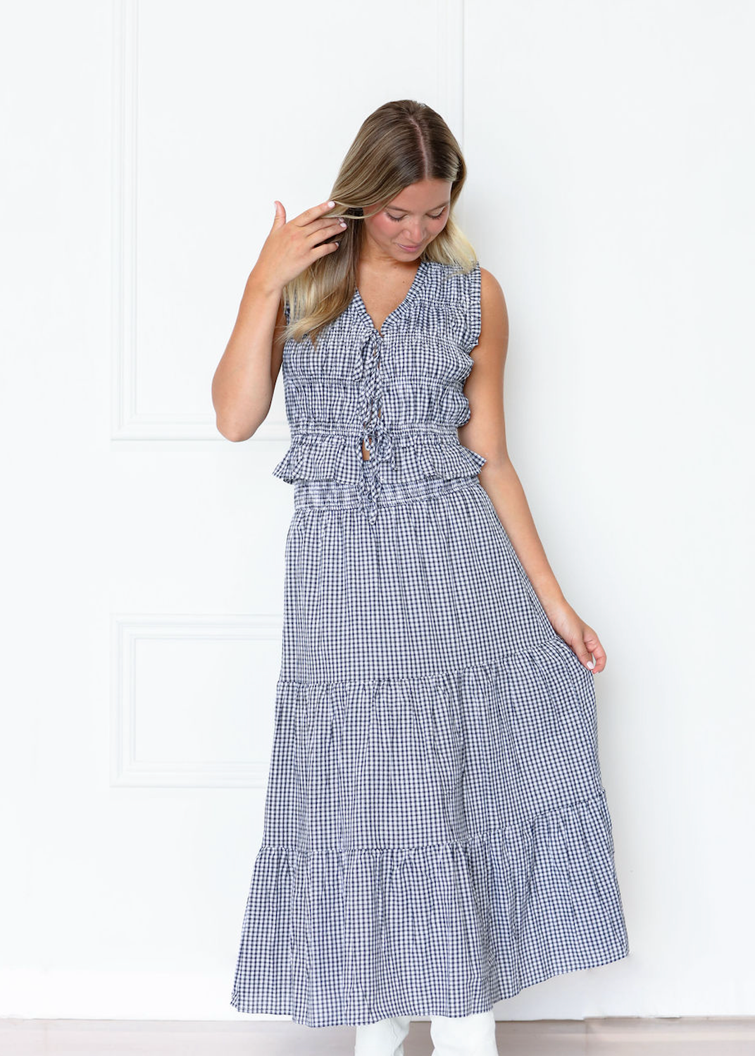 Black Gingham Front Tie Tank