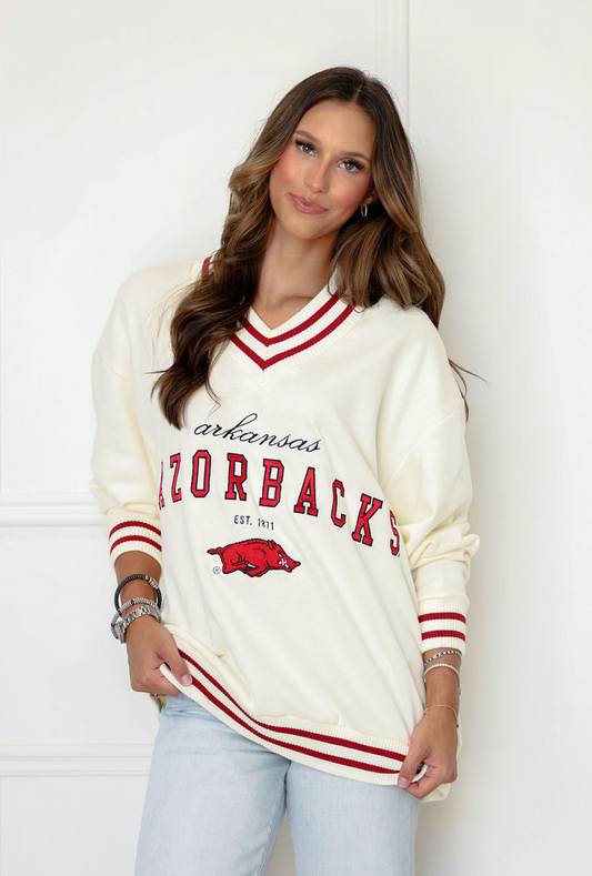 Arkansas Letterman V-neck Sweatshirt - Red