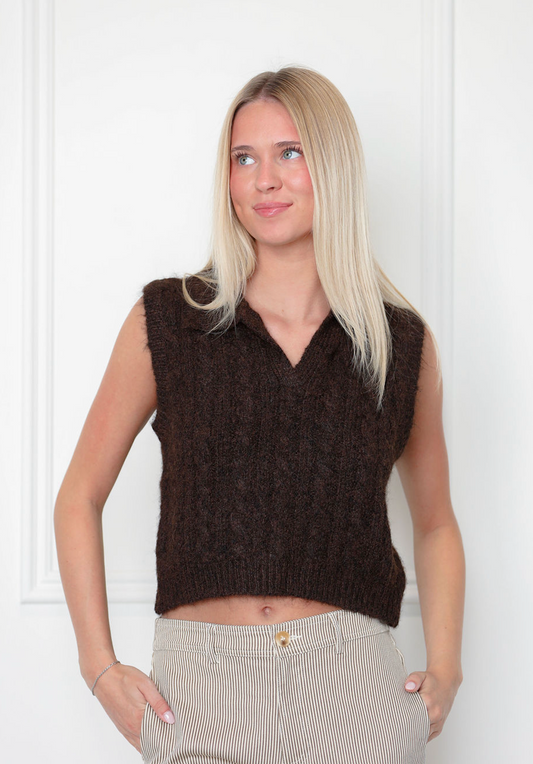 Collared Vest Knit Top Brown