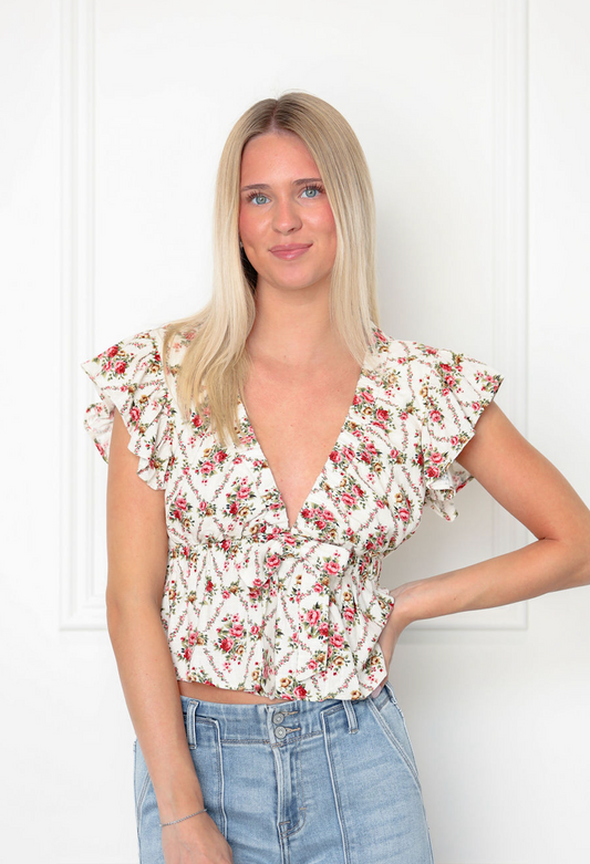 Floral V-neck Ruffle Top