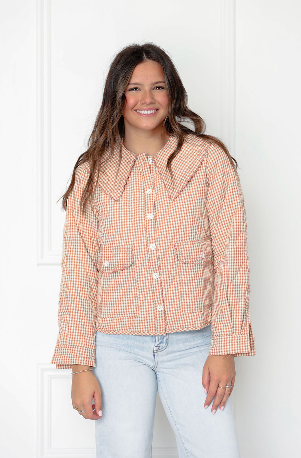 Gingham Peter Pan Collar Coat Rust