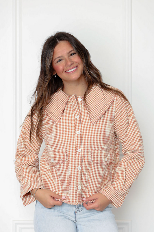 Gingham Peter Pan Collar Coat Rust