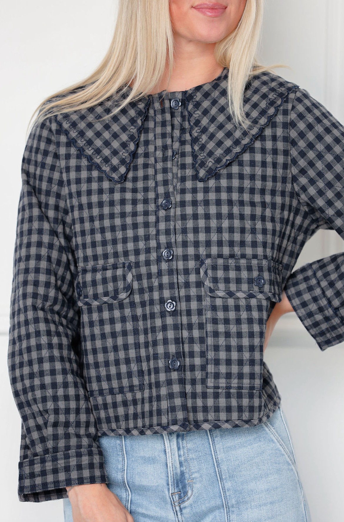 Gingham Peter Pan Collar Coat Navy