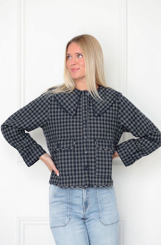 Gingham Peter Pan Collar Coat Navy