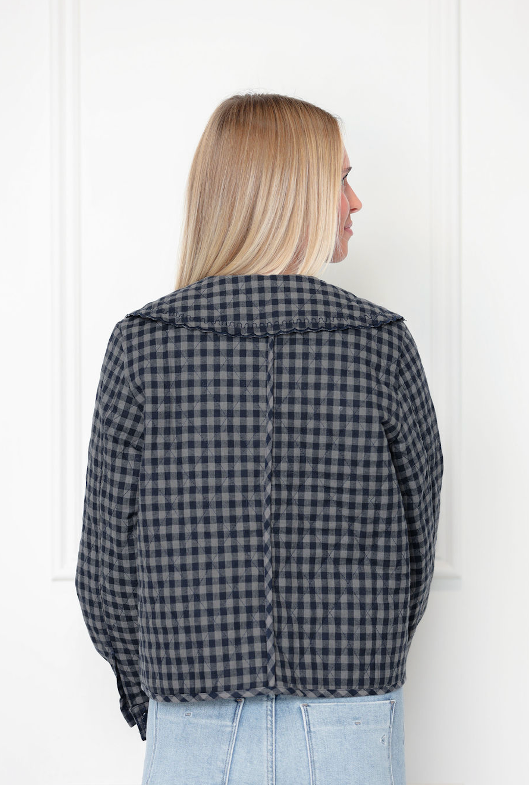 Gingham Peter Pan Collar Coat Navy