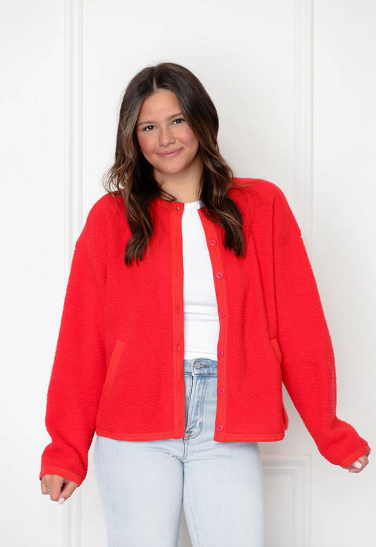 Sherpa Button Up Jacket Red