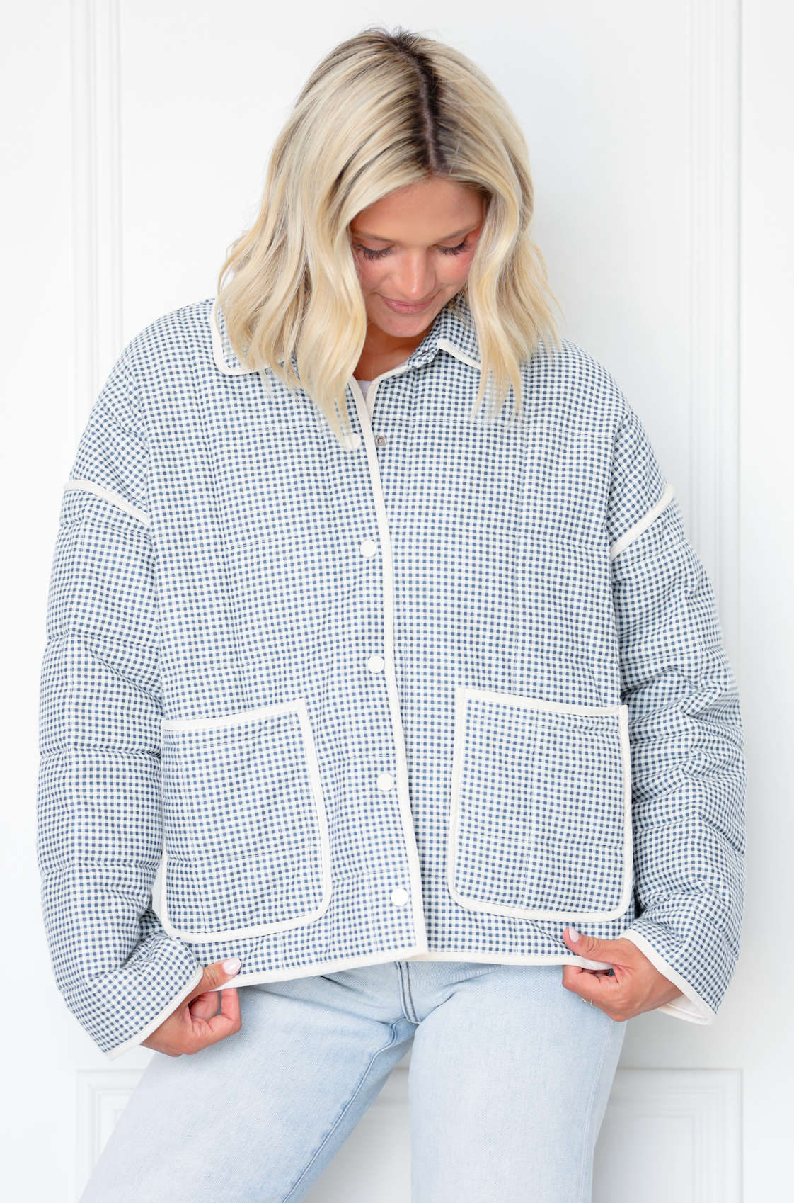 Blue/Cream Front Pocket Gingham Jacket