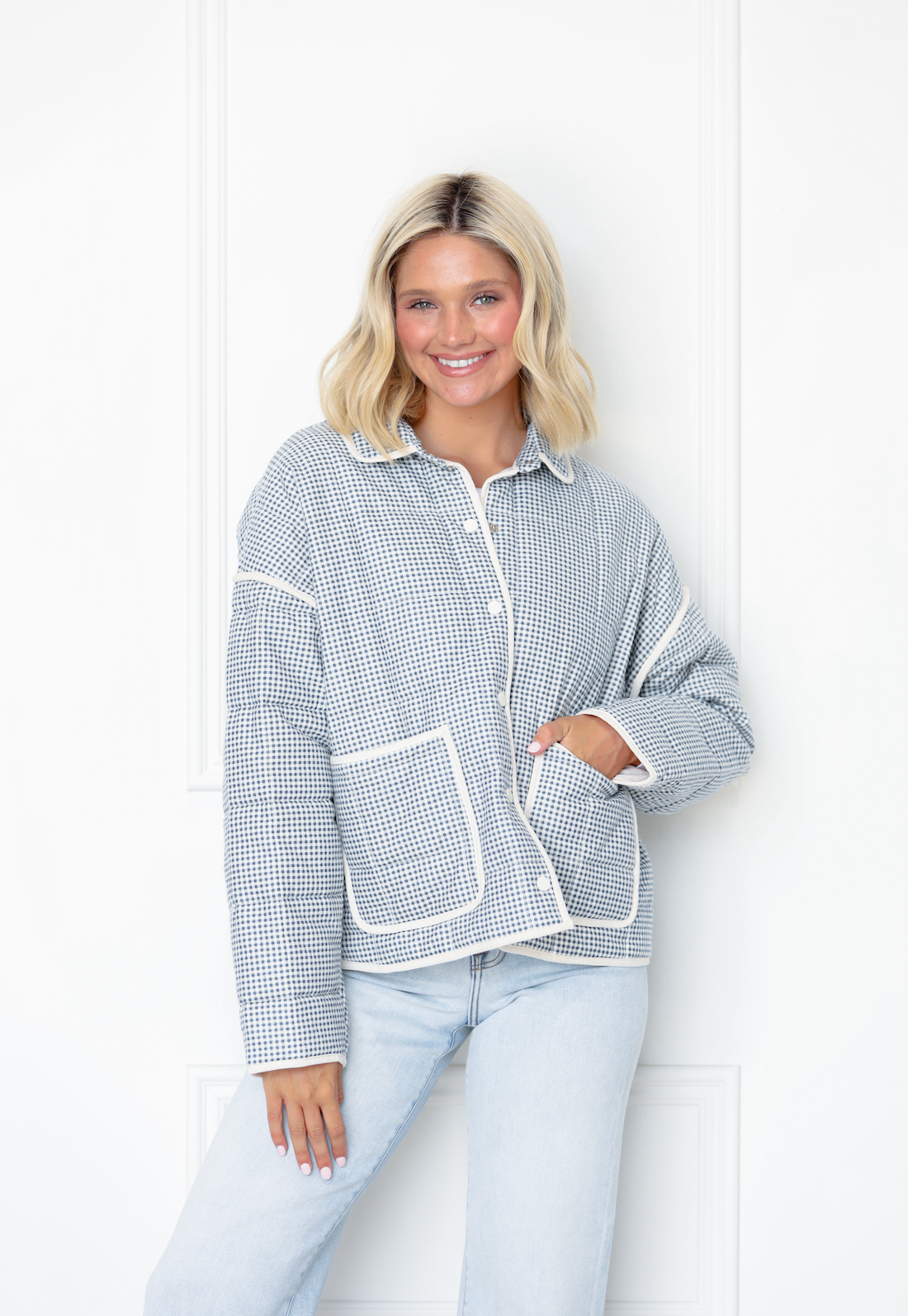 Blue/Cream Front Pocket Gingham Jacket