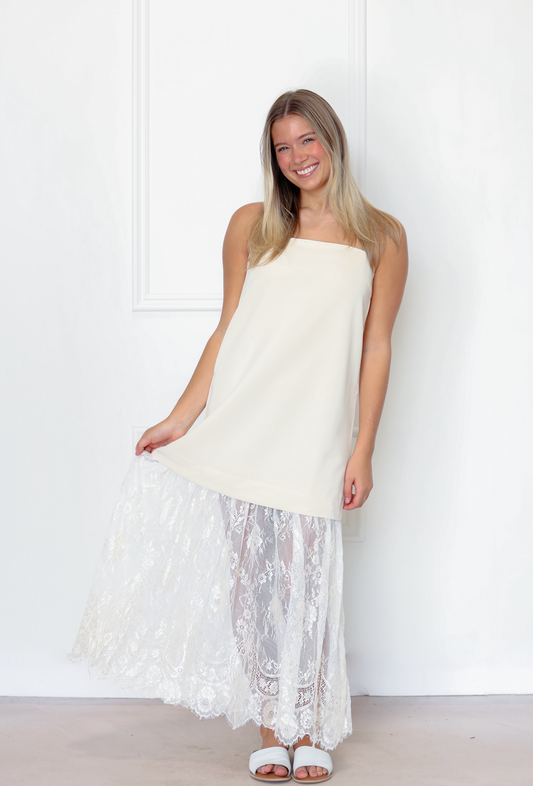 Cream Lace Trim Midi Dress