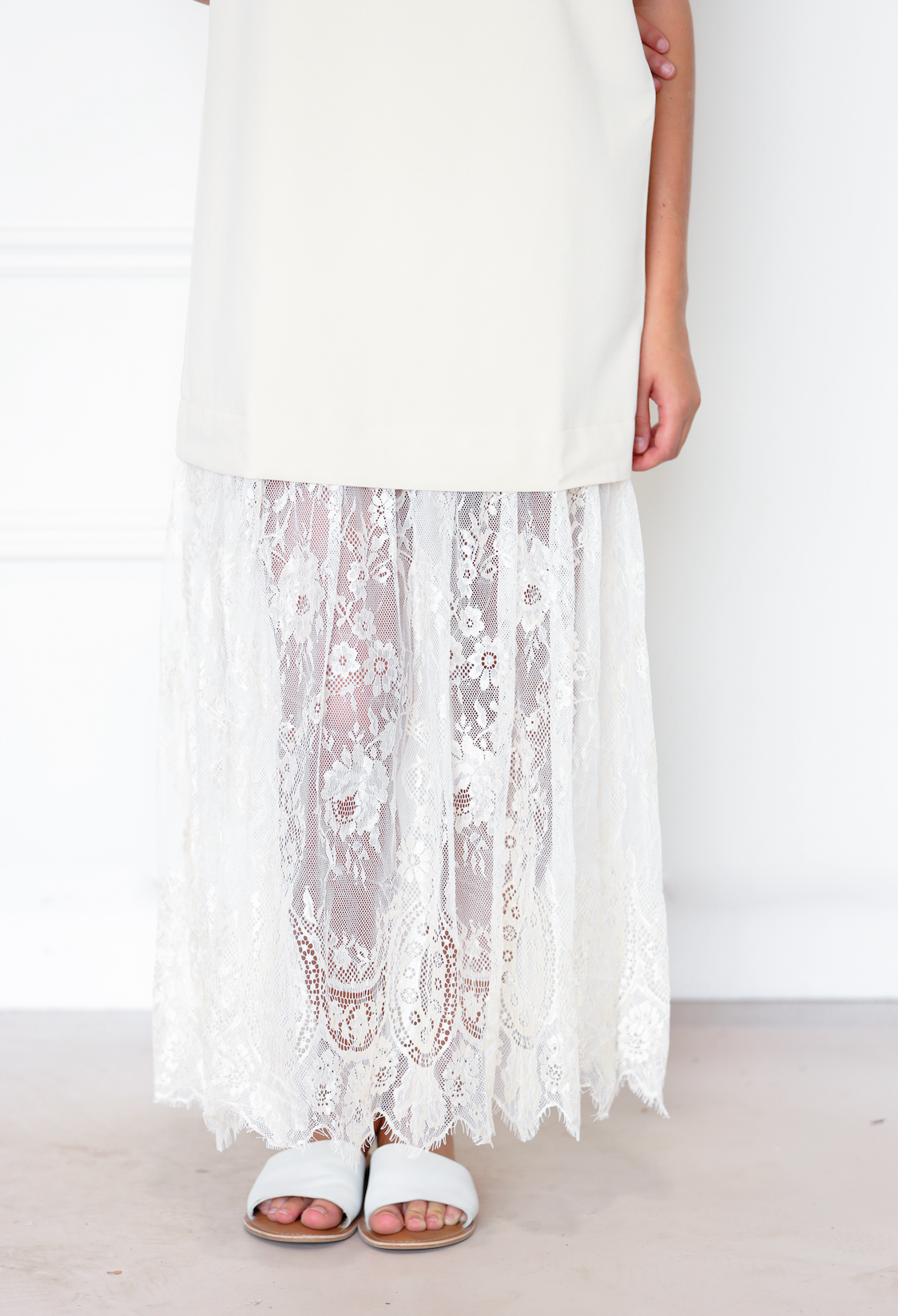 Cream Lace Trim Midi Dress