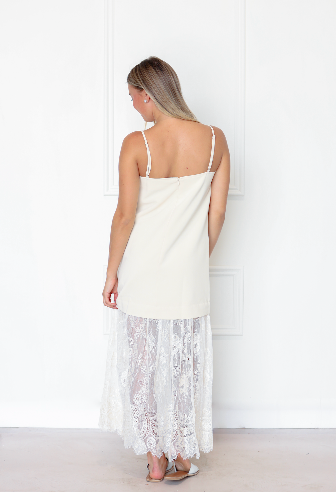 Cream Lace Trim Midi Dress