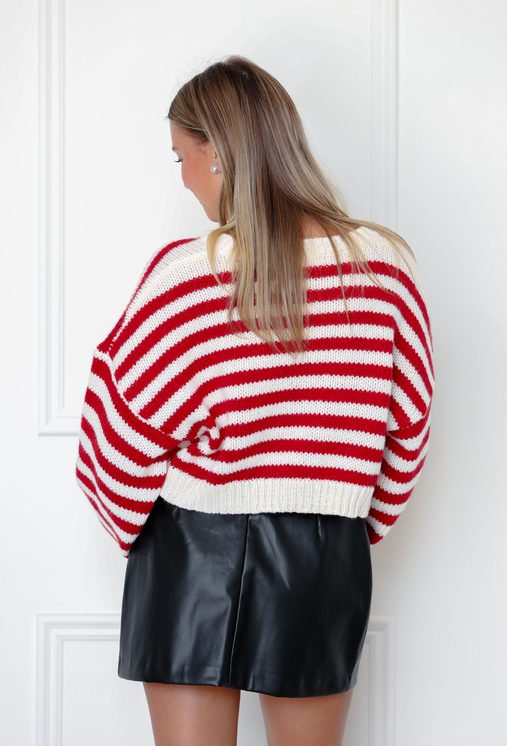 Red Striped V-neck Crop Sweater