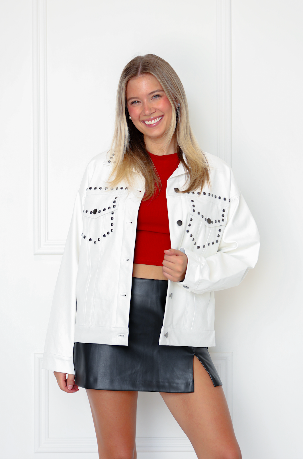 White Studded Pleather Jacket