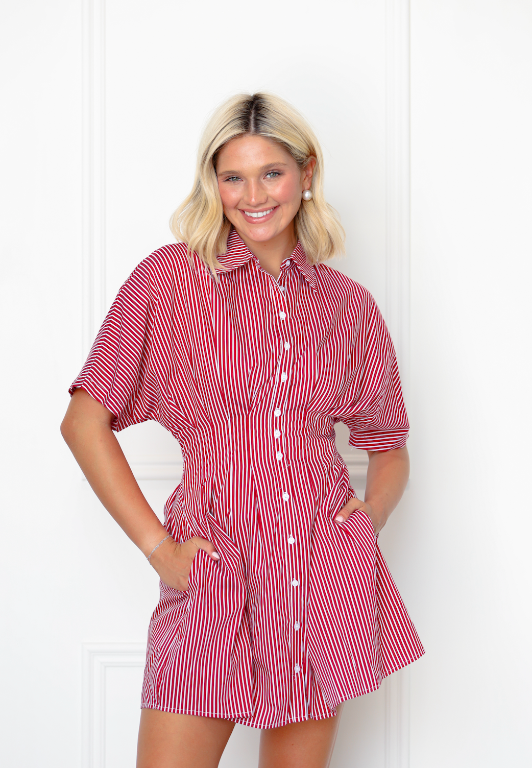 Red Striped Pleat Mini Dress