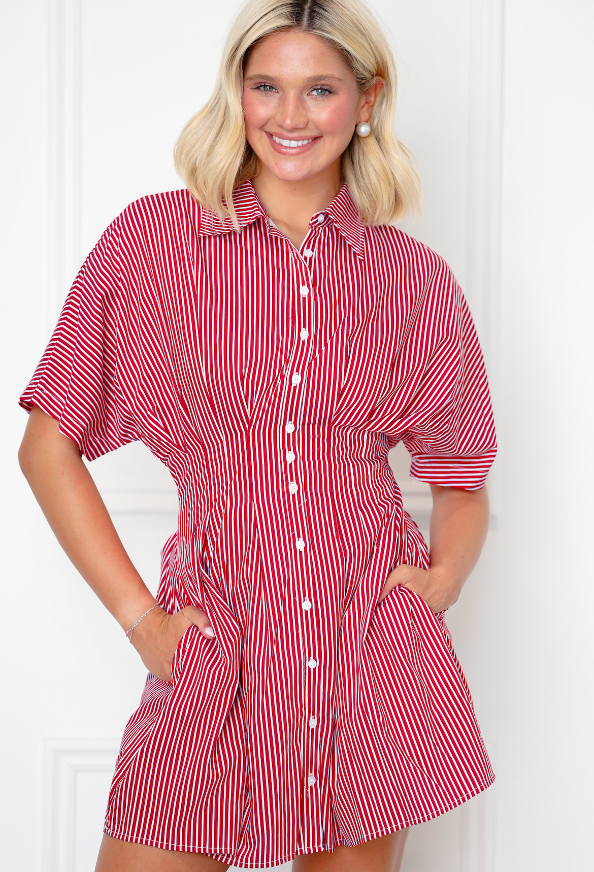 Red Striped Pleat Mini Dress