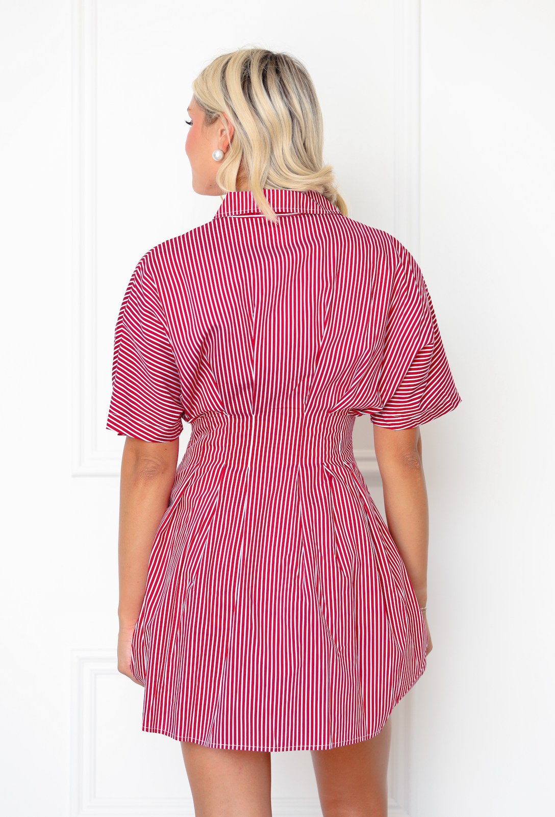 Red Striped Pleat Mini Dress