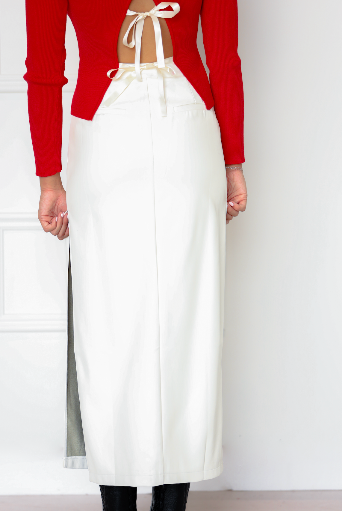 White Pleather Midi Skirt w/ Slit