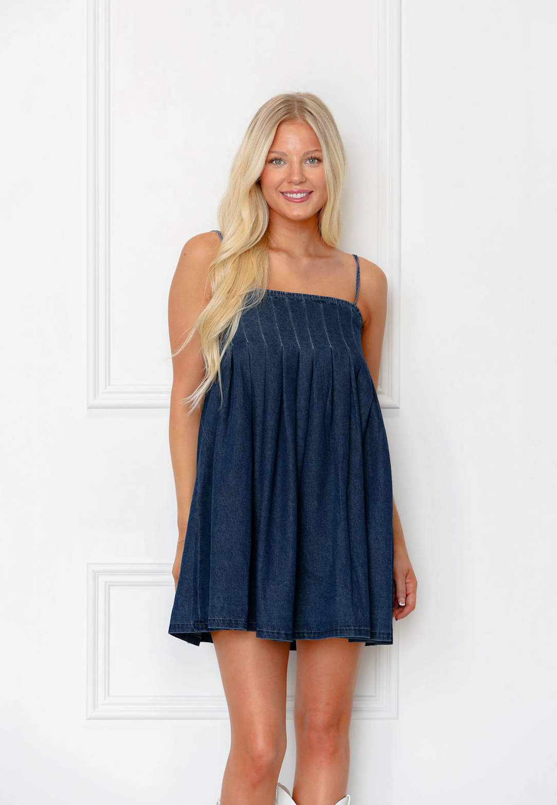 Dark Denim Pleated Front Dress