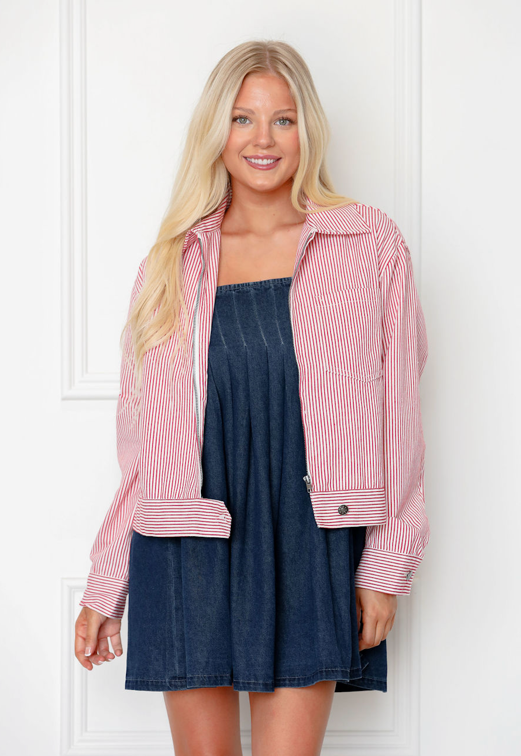 Cherry Red Stripe Zip Up Jacket