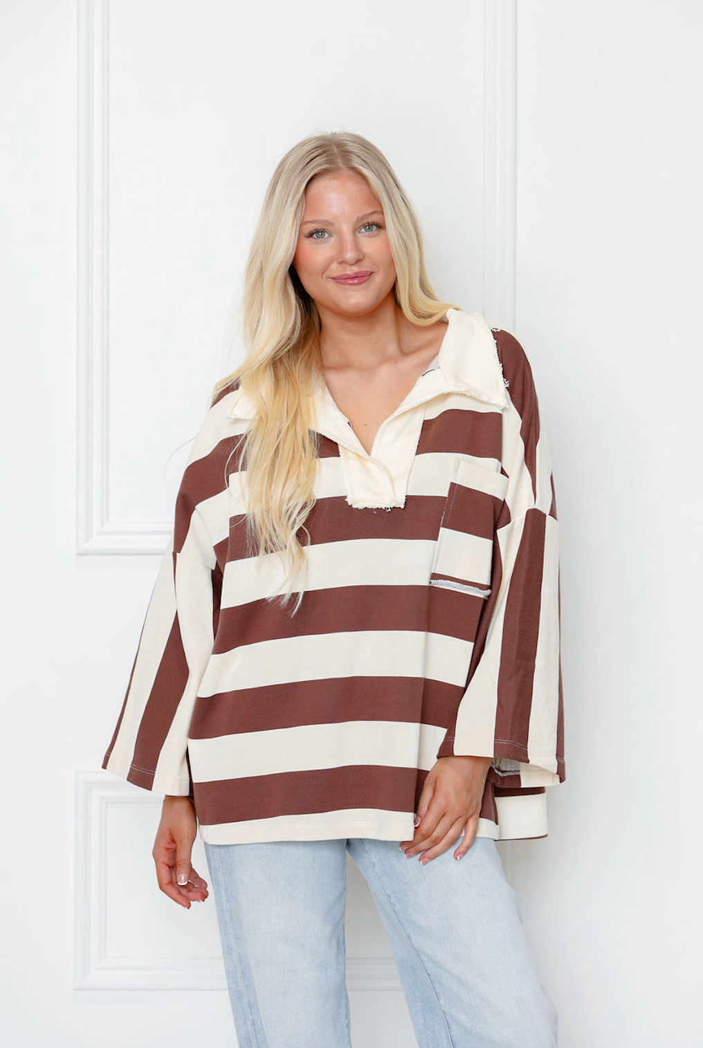 Brown Striped Big Open Collar Top