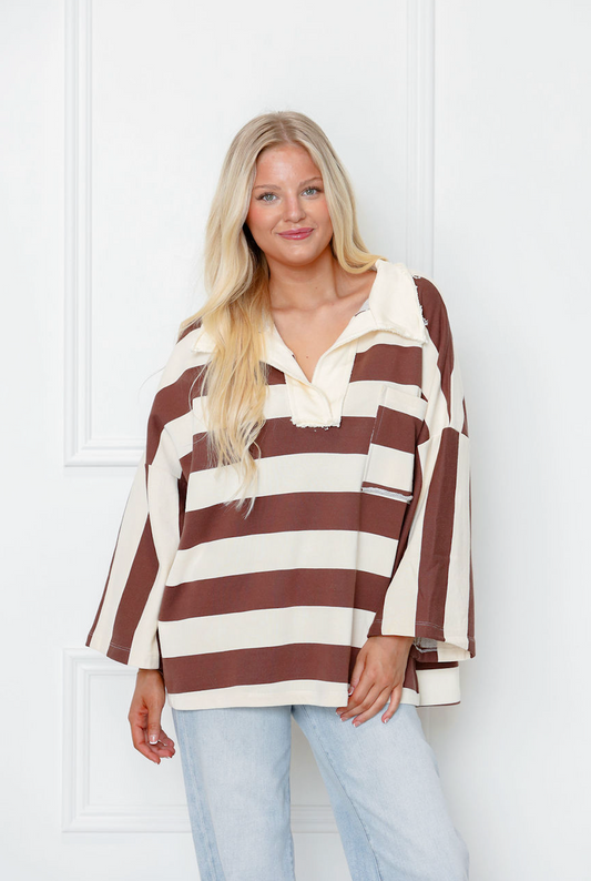 Brown Striped Big Open Collar Top