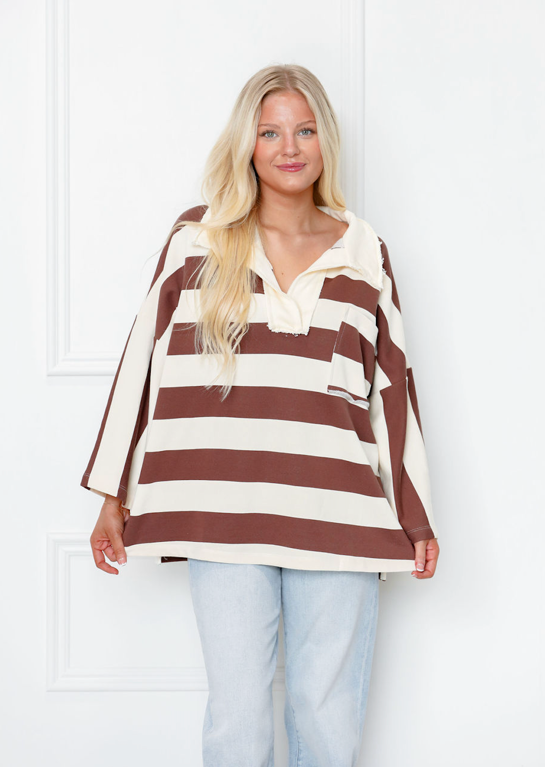 Brown Striped Big Open Collar Top