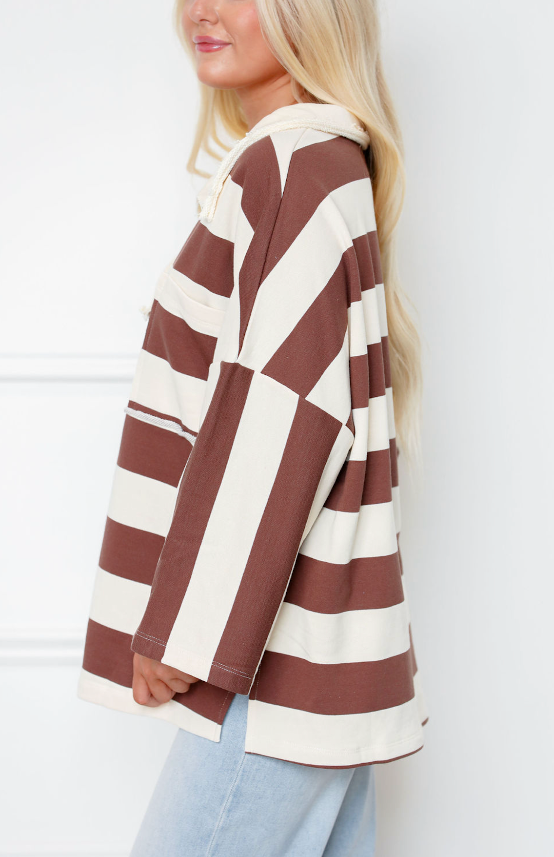 Brown Striped Big Open Collar Top