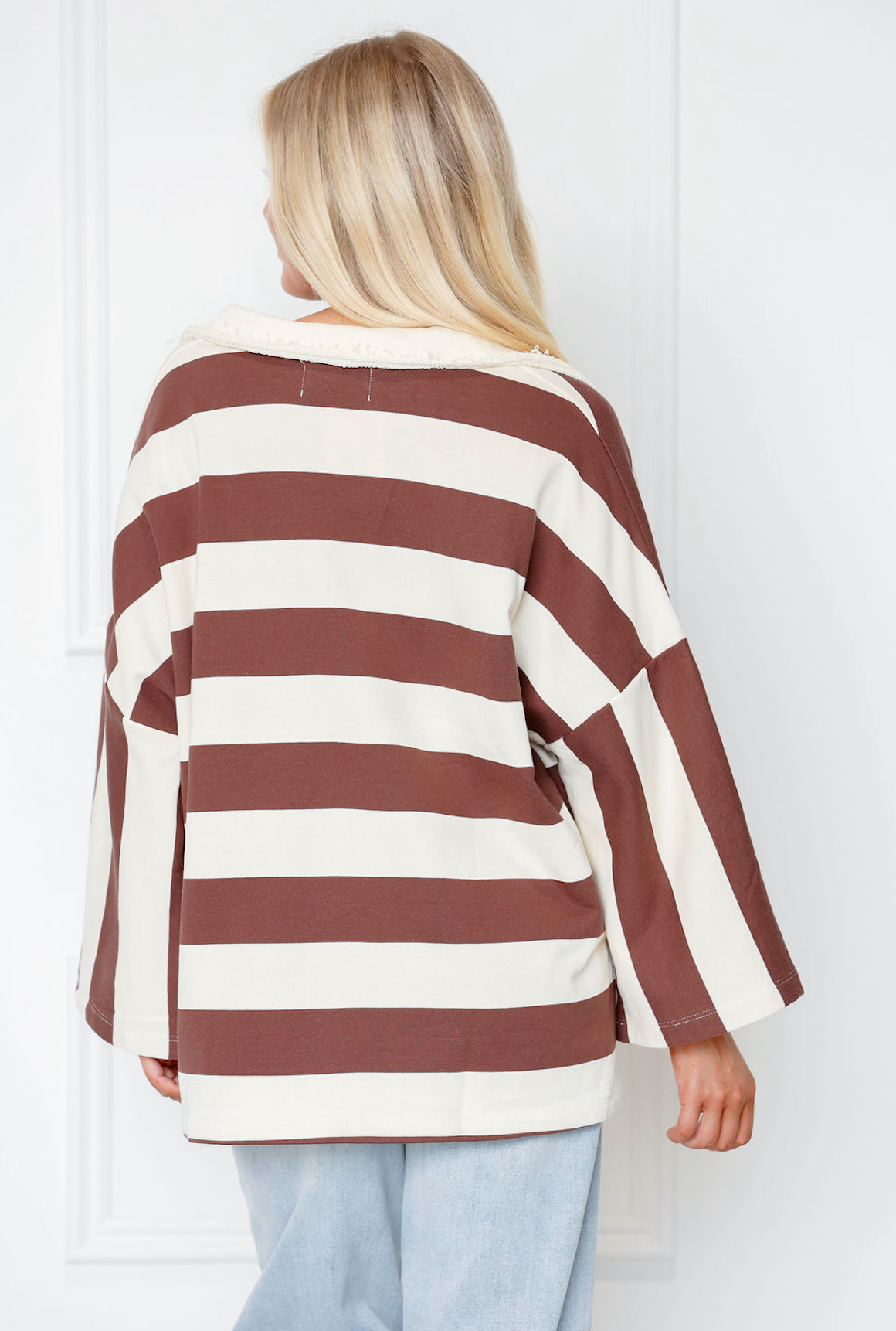 Brown Striped Big Open Collar Top