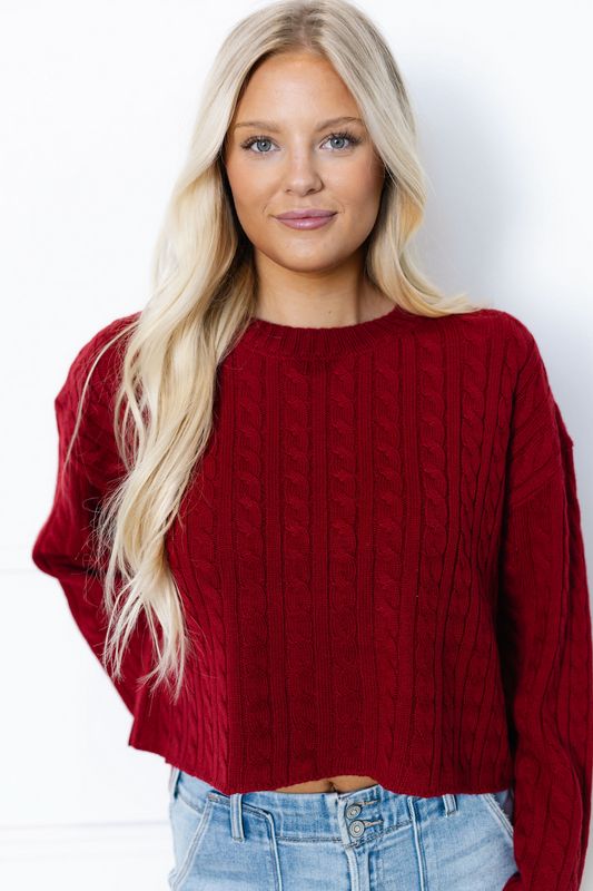 Cable Knit Long Sleeve Sweater Red