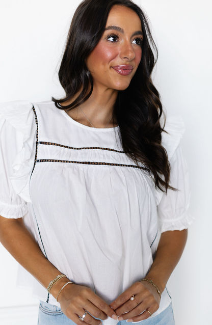 White w/ Black Detail Puff Sleeve Blouse - Clothe Boutique