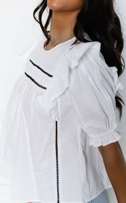 White w/ Black Detail Puff Sleeve Blouse - Clothe Boutique