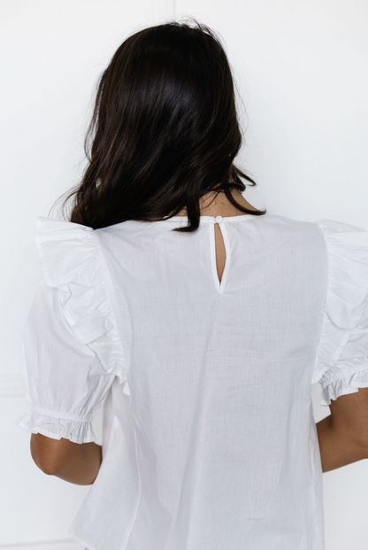 White w/ Black Detail Puff Sleeve Blouse - Clothe Boutique